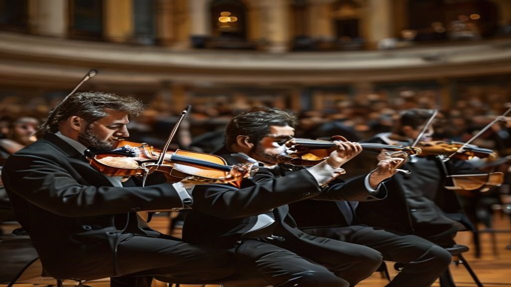 musicos de orquesta tocando el violin en un concierto