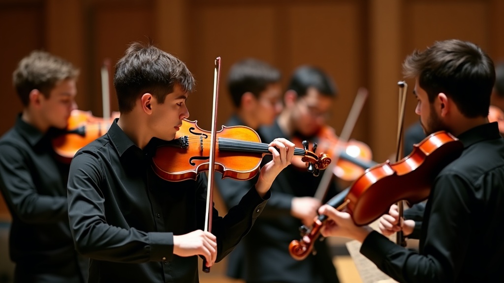 violinistas y violas ensayando en sala de conciertos