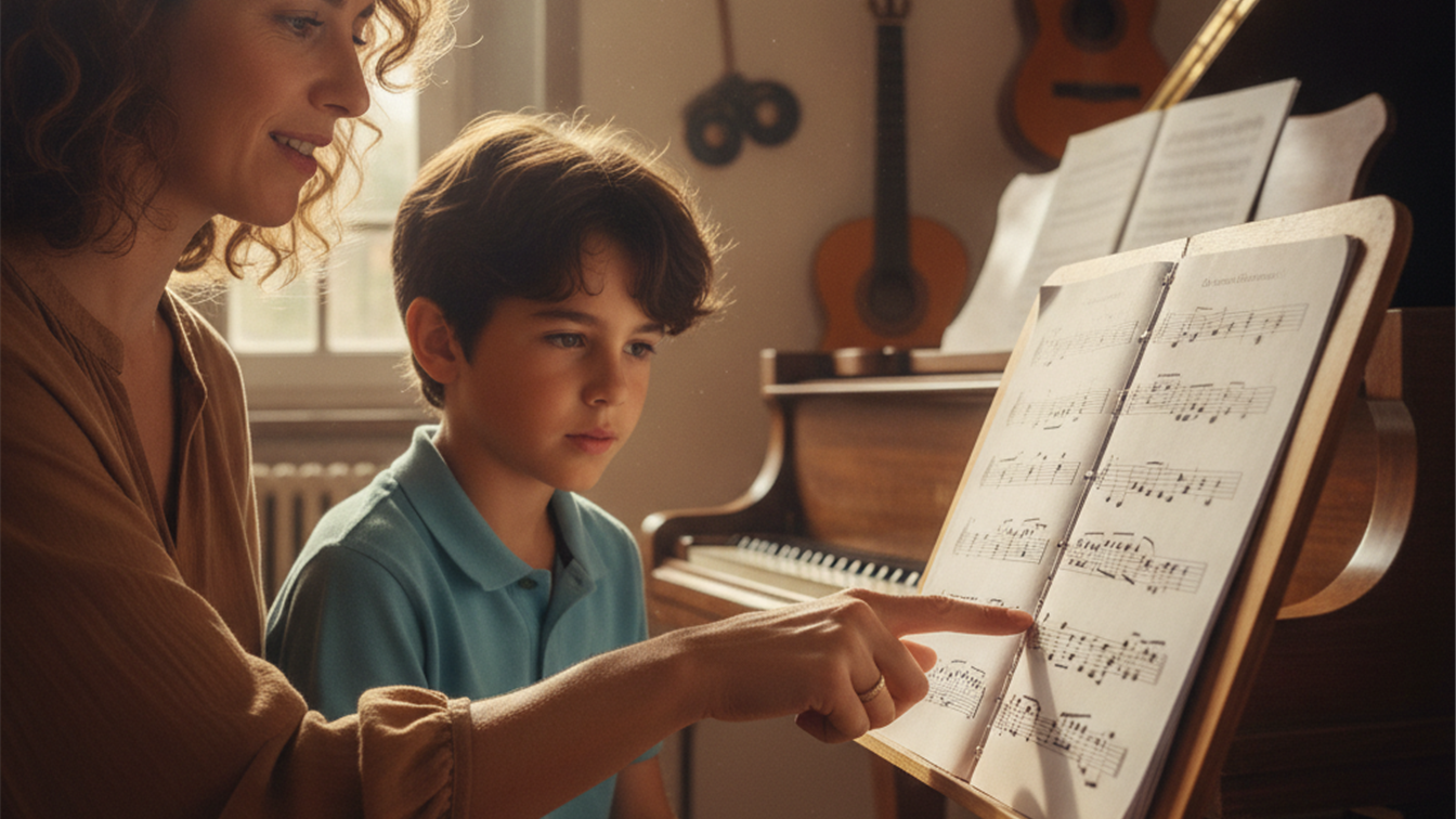profesor y alumno leyendo partitura musical