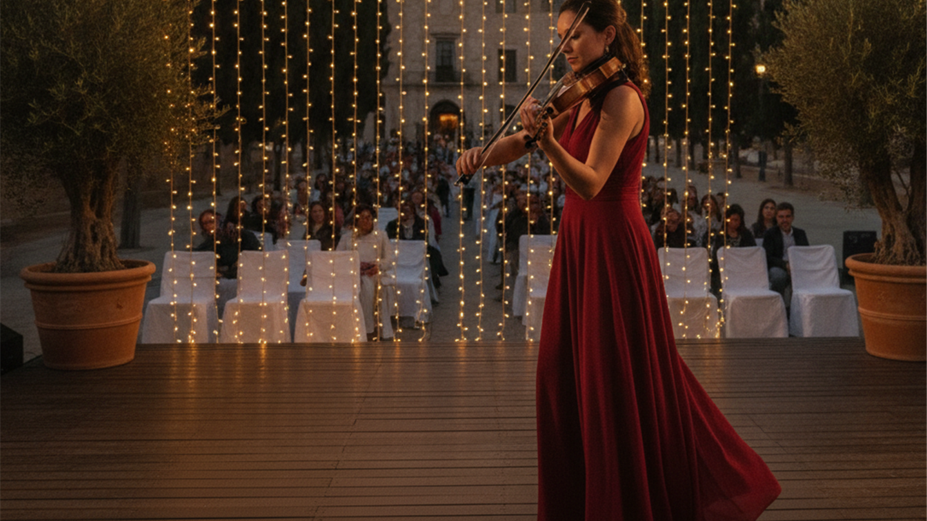 violinista actuando en un escenario al aire libre en Espana