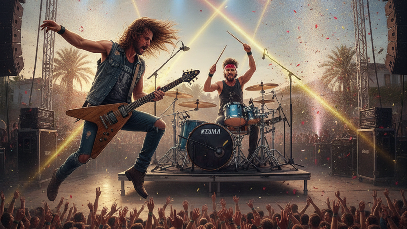 banda de rock tocando en directo en un festival de verano en España