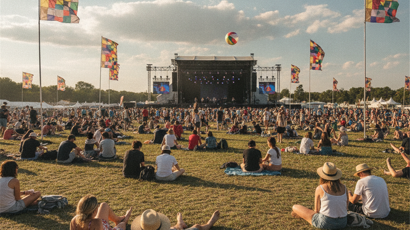 publico sentado en el cesped de un festival de musica en España