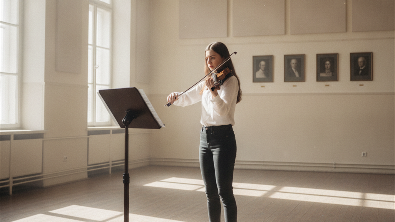violinista ensayando con partitura en atril