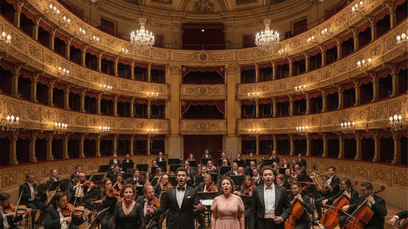 orquesta y cantantes de opera actuando en un teatro clasico en espana