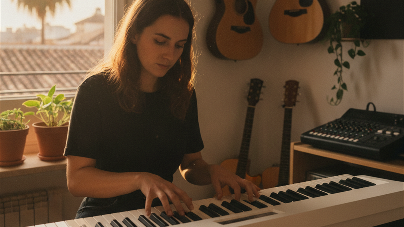 mujer tocando piano digital en casa